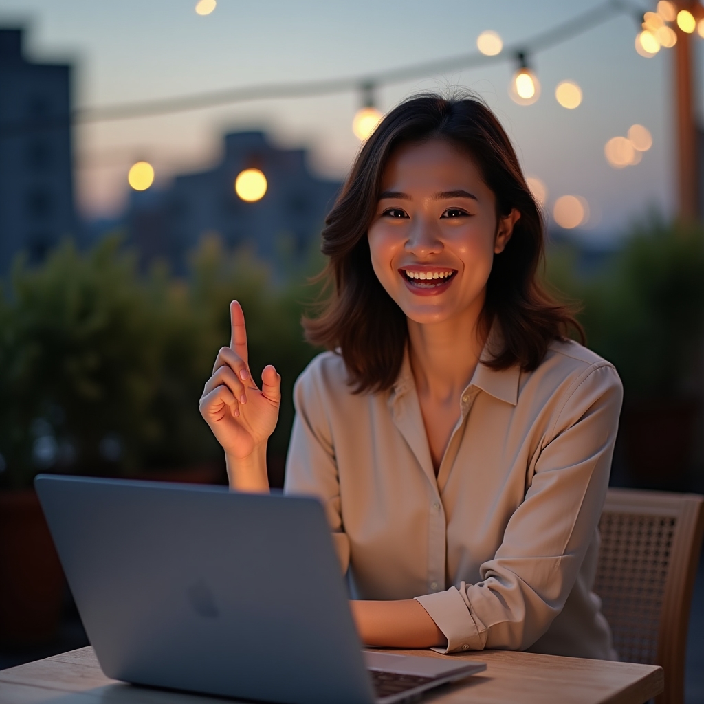 Freelance data analyst speaking during a video interview from an outdoor workspace