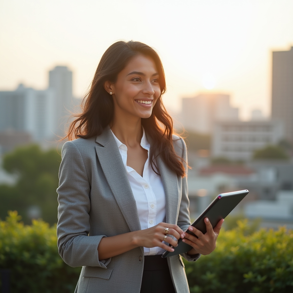 Mid-career data analyst reviewing statistical charts on a tablet outdoors