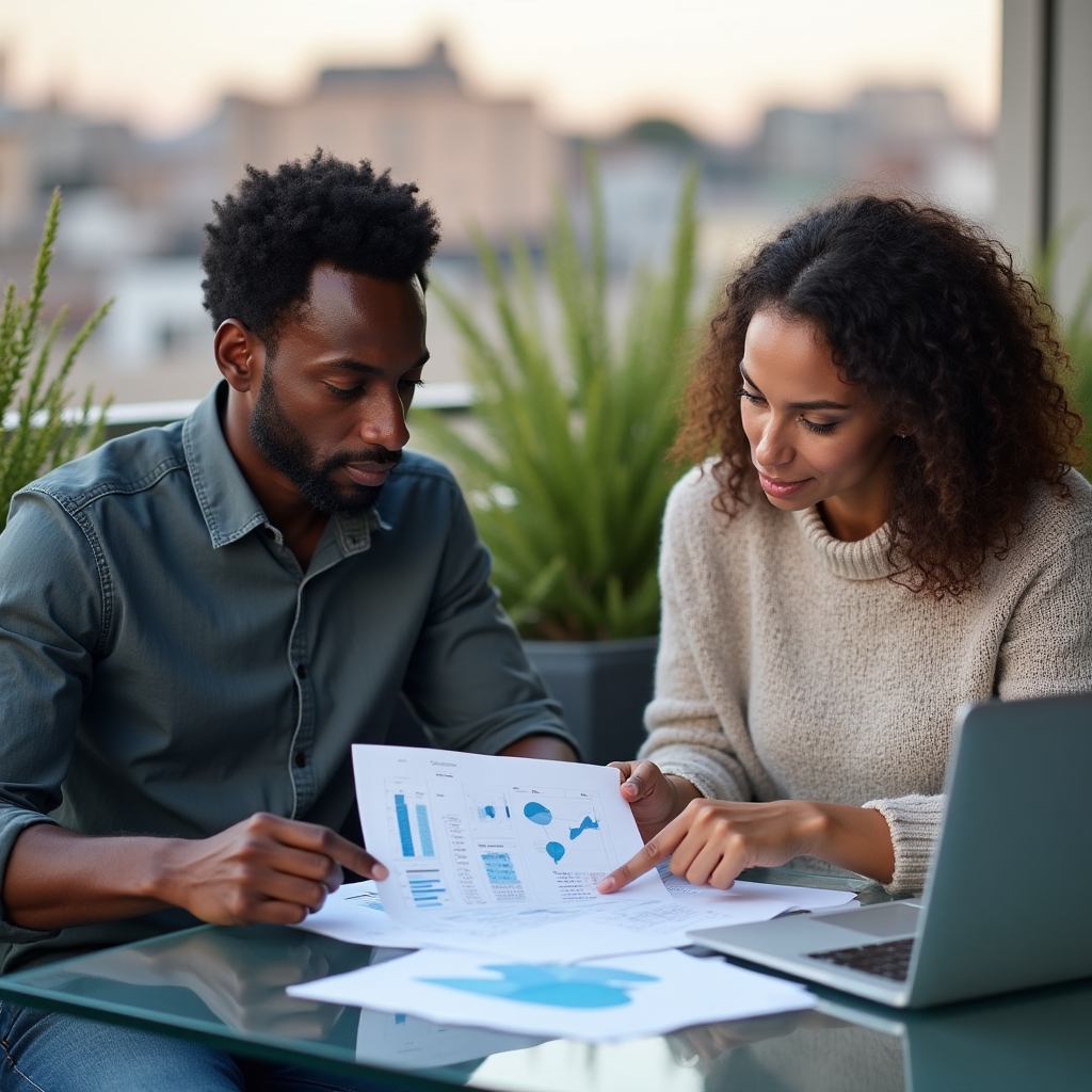 Two colleagues discussing an analyst's submitted dashboard sample during an editorial review